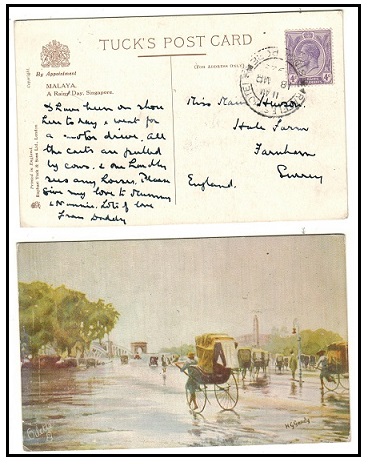 SINGAPORE - 1929 4c rate postcard use to UK used at RAFFELS HOTEL. 
