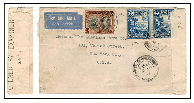 GRENADA - 1942 1/5d rate censor cover to USA.