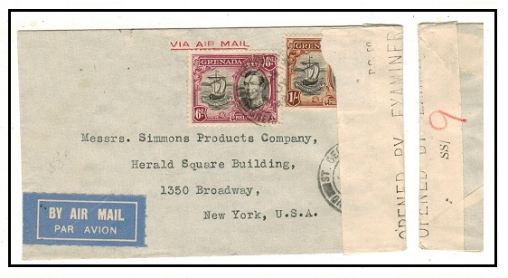 GRENADA - 1942 1/6d rate censored cover to USA.