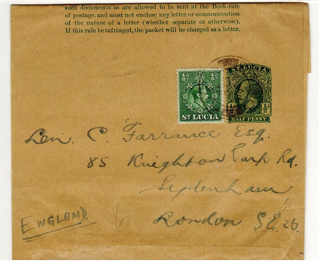 ST.LUCIA - 1912 1/2d green postal stationery wrapper uprated to UK.  H&G 5.