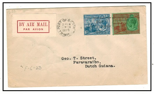 TRINIDAD AND TOBAGO - 1929 9d rate first flight cover to Paramaraibo in Dutch Guiana.