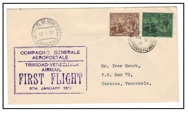 TRINIDAD AND TOBAGO - 1931 1/1d rate first flight cover to Venezuela.