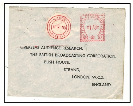 NIGERIA - 1959 1/3d rate meter mark cover to UK with LAGOS postmark cds 