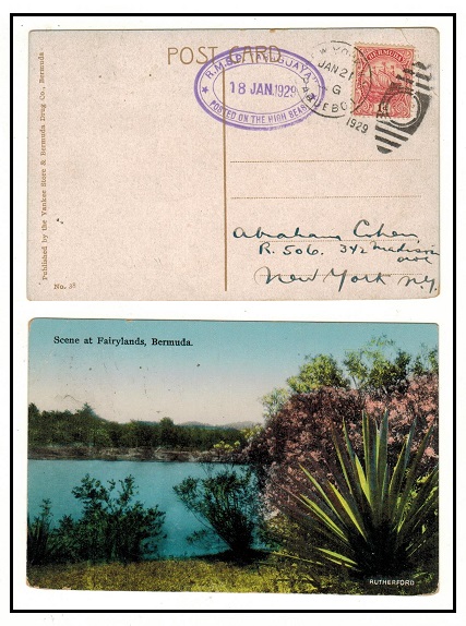 BERMUDA - 1929 1d rate postcard use to USA with 