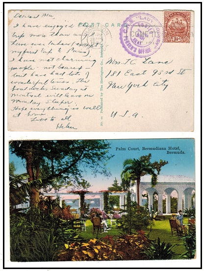 BERMUDA - 1934 12 1/2d rate postcard use to USA struck 