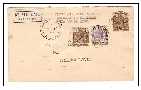 GRENADA - 1930 7d rate first flight cover to Trinidad. Only 221 covers flown.