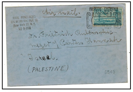 PALESTINE - 1948 inward cover from USA cancelled 