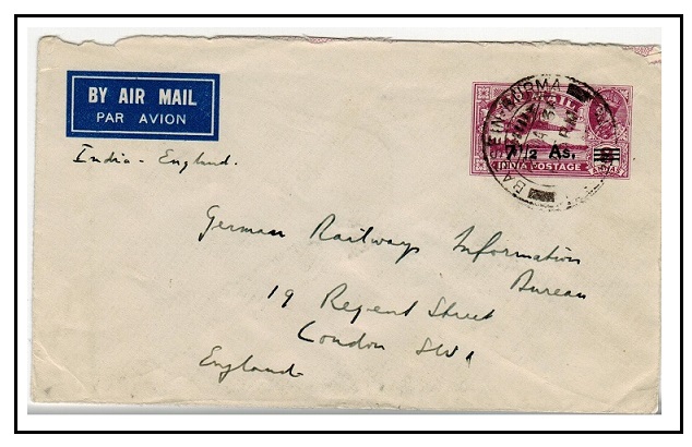BURMA - 1935 7 1/2a on 8a red-violet Indian PSE to UK used at BASSEIN. H&G 2.