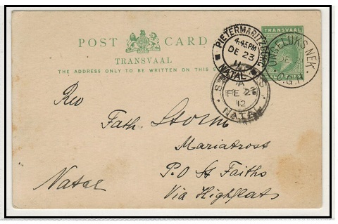 CAPE OF GOOD HOPE - 1902 Transvaal 1/2d green PSC to Natal used at ONGELUKS NEK/CGH.  H&G 11.