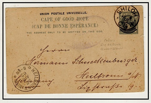 CAPE OF GOOD HOPE - 1897 1d on 1 1/2d grey PSC censored to Germany used at SHILOH. H&G 12a.