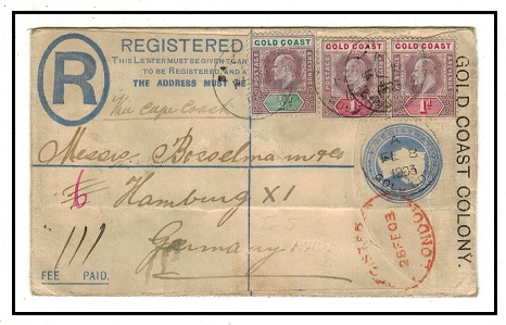 GOLD COAST - 1894 2d blue uprated RPSE (size F) to Germany used at SALTPOND. H&G 5.