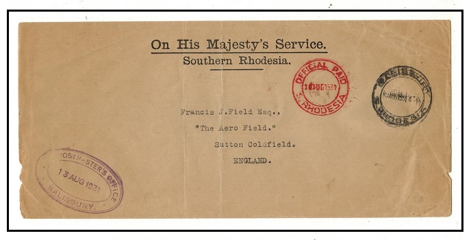 SOUTHERN RHODESIA - 1931 use of OHMS cover to UK struck OFFICIAL PAID/S.RHODESIA.