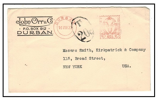 SOUTH AFRICA - 1933 2d meter mark commercial cover to USA with oval 