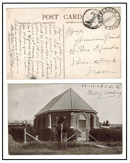 SOUTH AFRICA - 1917 unstamped postcard to France from BETHLEHEM with 