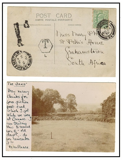 SOUTH AFRICA - 1910 inward under paid postcard from UK with GRAHAMSTOWN arrival and 