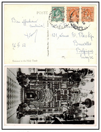 TRANSJORDAN - 1952 2f and 5f (x2) surcharges on postcard to Belgium used at JERUSALEM.