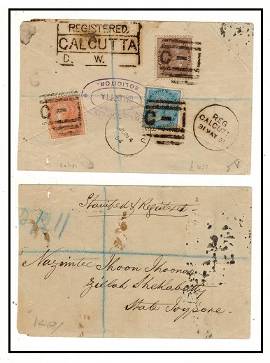 INDIA - 1884 tri coloured registered cover to Jaipor used at CALCUTTA.