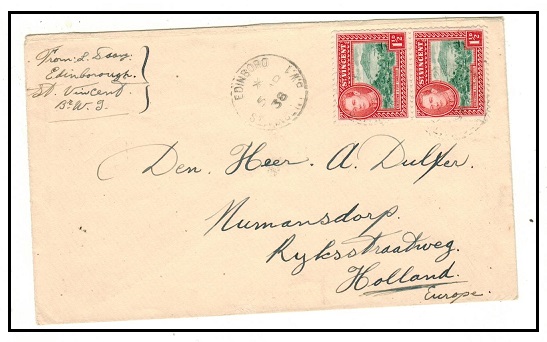 ST.VINCENT - 1938 3d rate cover to Holland used at EDINBORO.