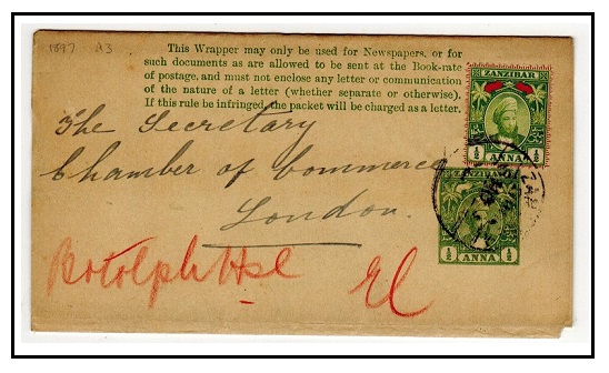 ZANZIBAR - 1897 1/2a yellow green postal stationery wrapper uprated to UK.  H&G 3.