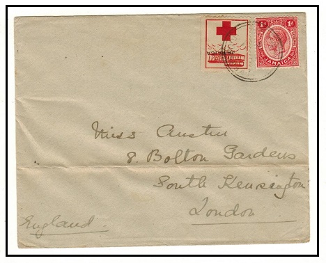 JAMAICA - 1916 1d + RED CROSS label on cover (crease) to UK used at WALKERSWOOD.