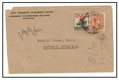 JAMAICA - 1942 1 1/2d + DUNSTANS HELP THE WAR label on local cover used at KINGSTON.