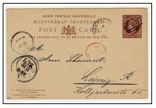 MONTSERRAT - 1884 outward section of the 1 1/2d + 1 1 1/d brown PSC to Germany cancelled 
