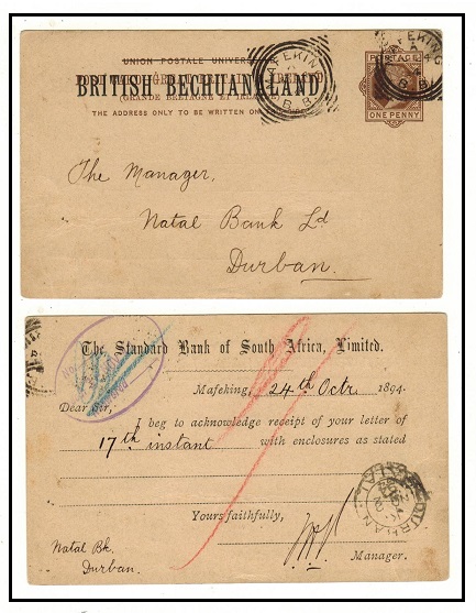 BECHUANALAND - 1888 1d brown PSC to Durban used at MAFEKING/B.B..  H&G 4.