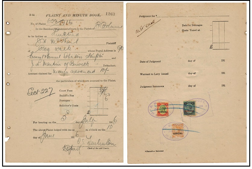 JAMAICA - 1916 use of Magistrates Court document bearing 6d,1/- and 5/- adhesives.