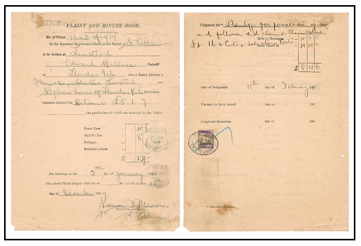 JAMAICA - 1909 use of Magistrates Court document bearing 5/- adhesives.