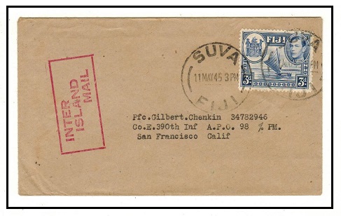 FIJI - 1945 3d rate cover to USA used at SUVA struck INTER/ISLAND/MAIL.