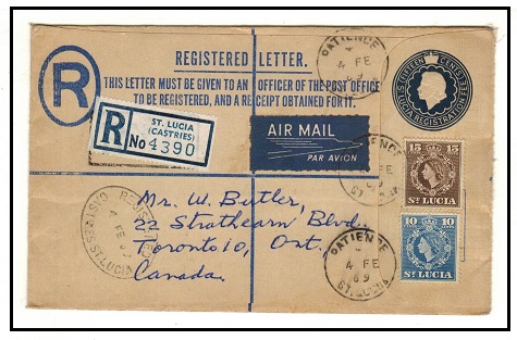 ST.LUCIA - 1960 15c dark blue RPSE (size G) RPSE uprated to Canada used at PATIENCE.