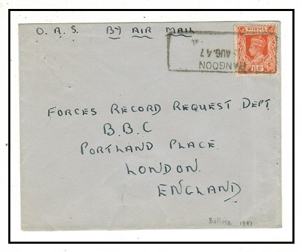 BURMA - 1947 1 1/2as rate cover to UK struck by scarce boxed RANGOON cancel.