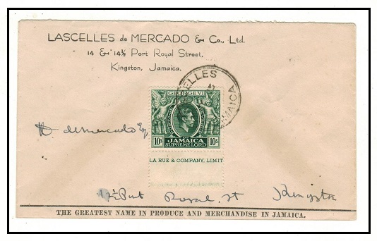 JAMAICA - 1939 10/- tied to local cover by LASCELLES/JAMAICA cds.