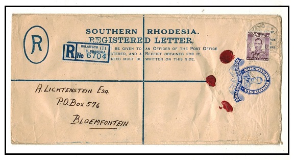 SOUTHERN RHODESIA - 1937 4d ultramarine RPSE (size H2) uprated to Bloemfontein.  H&G 8.