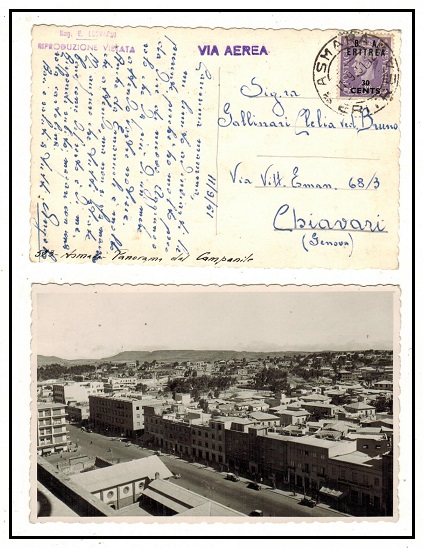 B.O.F.I.C. (Eritrea) - 1951 30c on 3d rate use of picture postcard to Italy used at ASMARA.