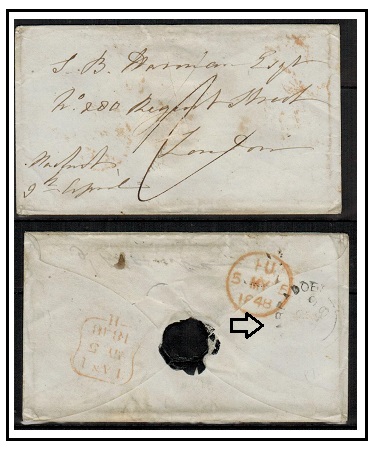 BARBADOS - 1848 stampless cover to UK struck by double arc BARBADOES handstamp.