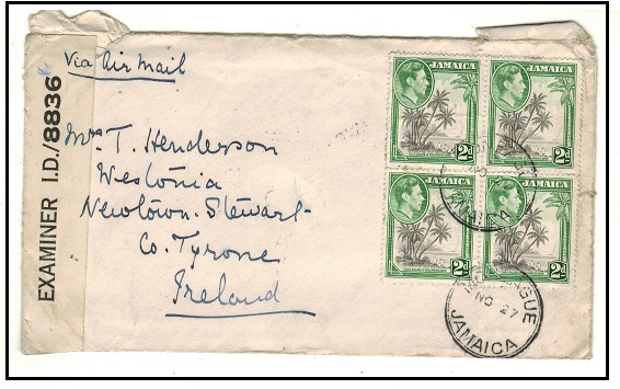 JAMAICA - 1940 2d rate censored cover to Ireland used at MONEAGUE.
