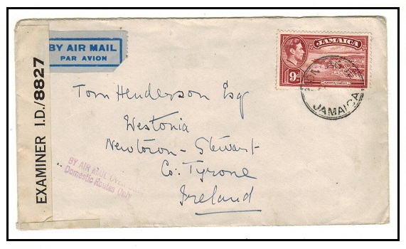 JAMAICA - 1940 9d rate censored cover to Ireland used at MONEAGUE.