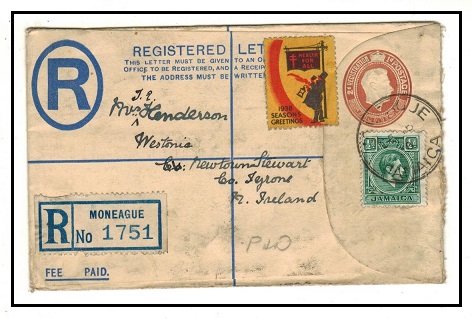 JAMAICA - 1938 2d + 1d brown on cream RPSE (size F) uprated to Ireland used at MONEAGUE.  H&G 2.