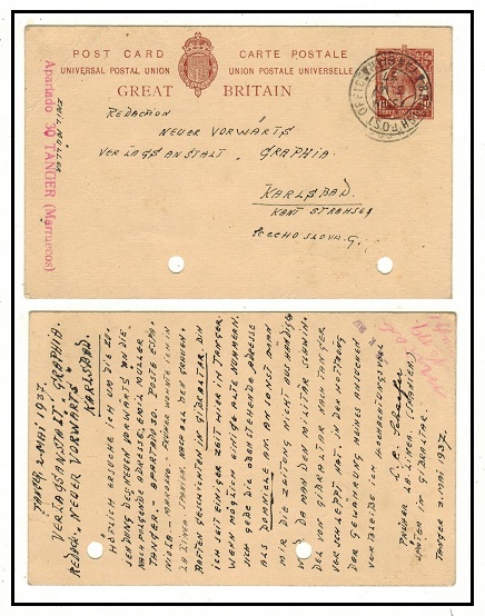 MOROCCO AGENCIES - 1930 1 1/2d brown PSC of GB addressed to Czechoslovakia and used at TANGIER.