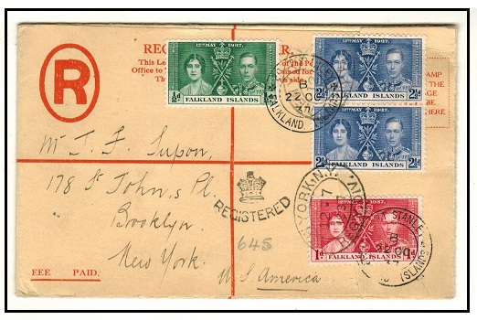 FALKLAND ISLANDS - 1937 6 1/2d rated registered FORMULA stationery envelope addressed to USA.
