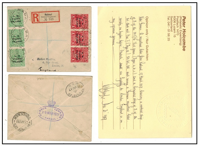 NEW GUINEA - 1917 4 1/2d rate registered cover to UK used at RABAUL with 1/2d (ABC) strip of three.