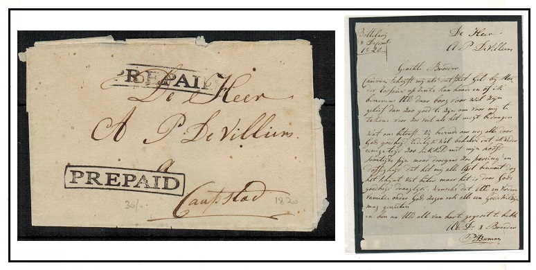 CAPE OF GOOD HOPE - 1820 entire to Cape Town struck PREPAID in black.