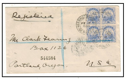 BERMUDA - 1929 10d rate registered cover to USA used at HARRINGTON SOUND/BERMUDA.