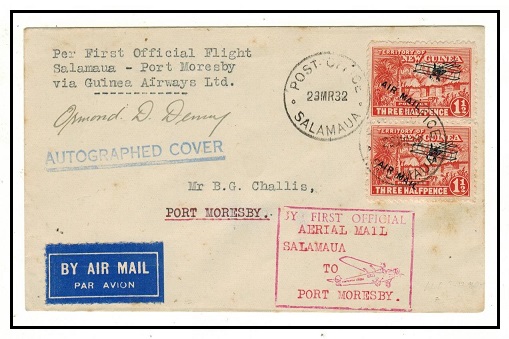 NEW GUINEA - 1932 3d rate Salamaua to Port Moresby first flight cover pilot signed.