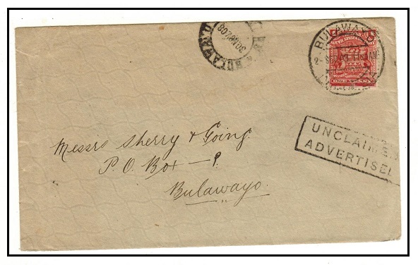 RHODESIA - 1908 1d rate local cover used at BULAWAYO struck UNCLAIMED/ADVERTSIED.