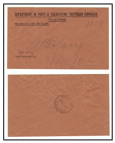 RHODESIA - 1919 use of telegraphs envelope used locally from BULAWAYO.