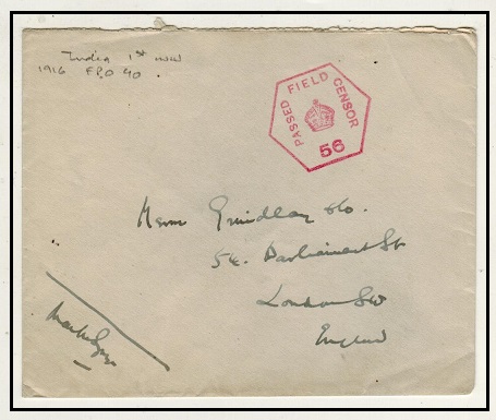 INDIA - 1916 stampless FPO/No.40 cover to UK with PASSED FIELD CENSOR/56 strike.