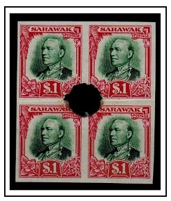 SARAWAK - 1932 $1 IMPERFORATE PLATE PROOF block of four.