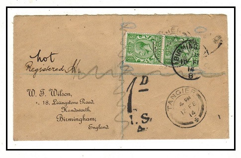 MOROCCO AGENCIES - 1914 cover with un-overprinted GB 1/2d pair at Tangier but unaccepted and taxed.